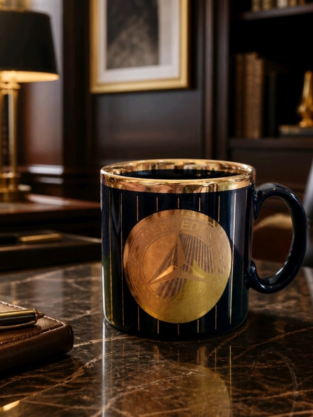 Navy and Gold Pinstripe Ceramic Coffee Mug Mercedes Benz